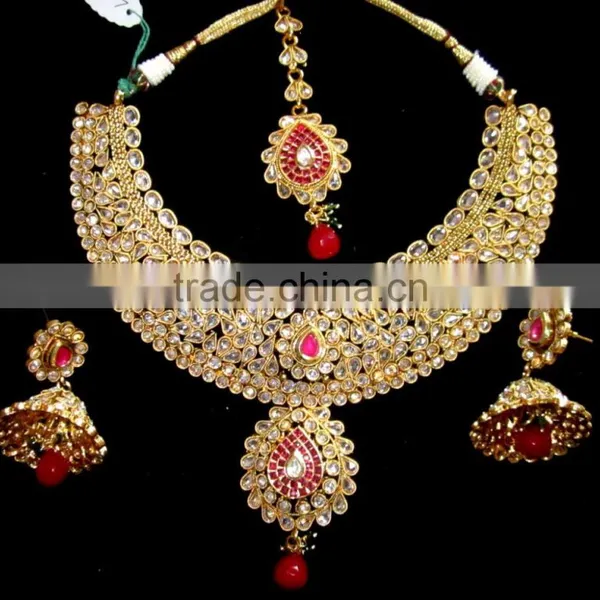 GOLD PLATED Polki Necklace Jhumka Chandelier EARRING Set