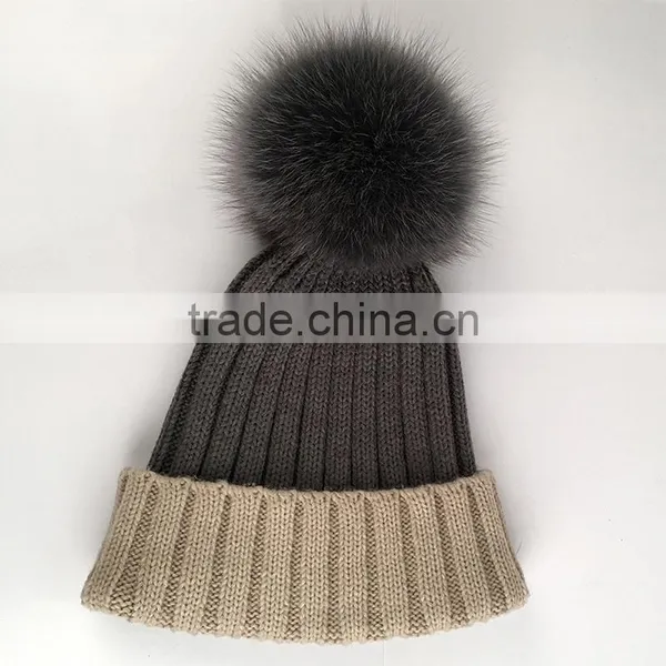 Myfur Real Fox Fur Pom Pom Bi-Color Adult Elegant Wool Beanie photo-3