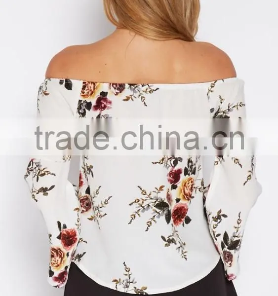 Hot Selling Women Casual Floral Printed off Shoulder Boat Neck Designs Fashion Long Sleeve Blouse for Wholesale 2017 photo-4
