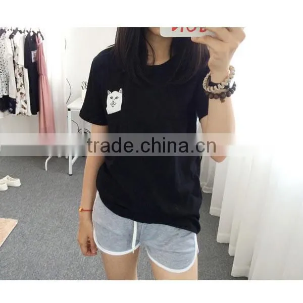 Summer Hot Style Ms Pocket Cat Base Digital Printing Round Collar T-shirt Big Yards photo-3