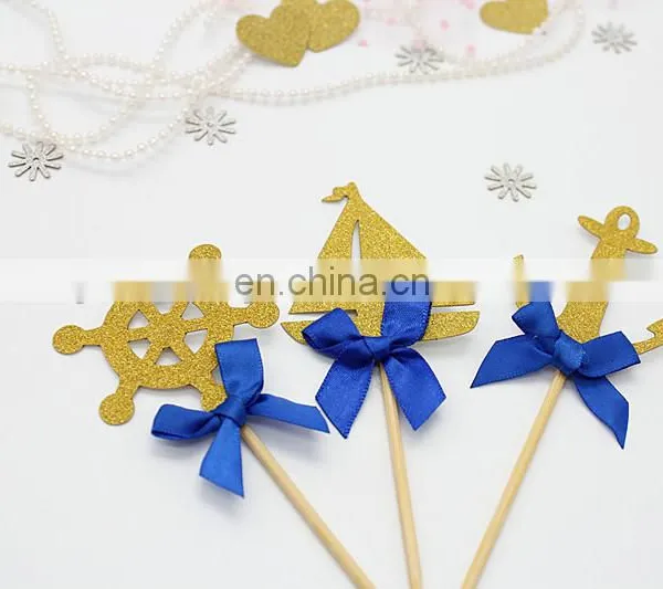 Sea Theme Gold Glitter Topper With Blue Bow Cake Decoration photo-2
