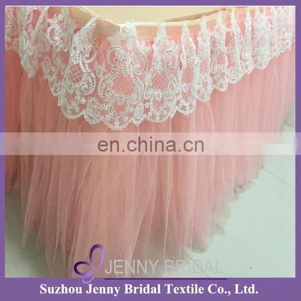 TC091 Pink Wedding Table Skirting Designs 8' Rectangular Table Tulle Puffy Skirt photo-2