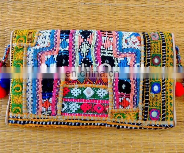 Handmade Patchwork Clutch- Kutchiwork Pompom Clutch Bag- Boho Beads Mirror Embroidery- Bohemian Banjara Clutch Purse photo-2