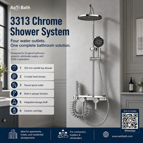 NO.3313 Chrome Aluminum Shower Set With Rainfall Shower Head Handheld Shower Sprayer and Storage Shelf for Bathroom Projects