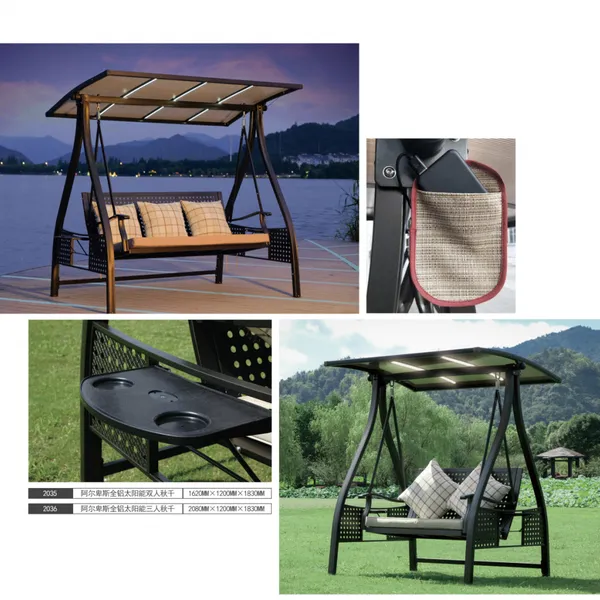 Solar LED Light Metal Outdoor Swing Chair With Sun Canopy, 2/3 Person Patio Glider Swing With Cup Holders & Storage Pocket for Garden, Villa Courtyard photo-5