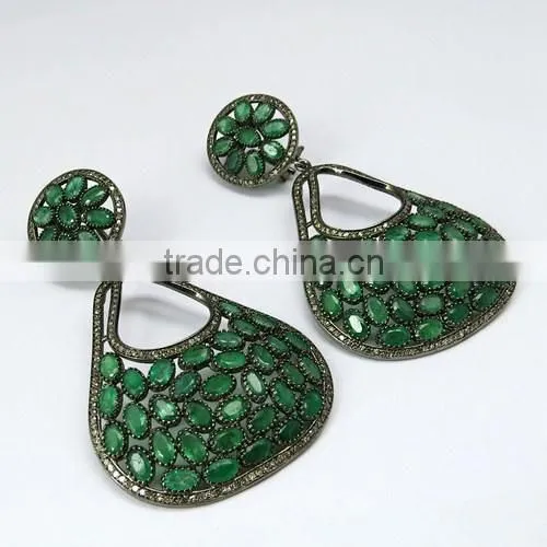 Beautiful Dangler !! Emerald & Diamond 925 Sterling Silver Earring, Dangler SIlver Earring, Exporter and Wholeseller