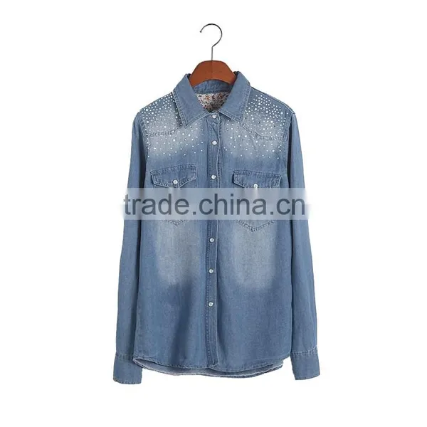 China Wholesale European Blue Long Sleeve Jean Womens Denim Jacket for Ladies photo-2