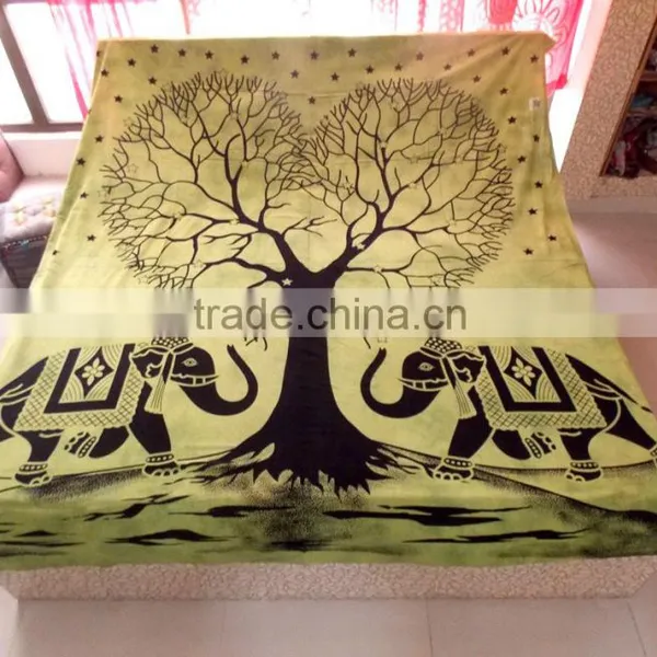 Elephant Love Tree Black & Blue Color Tapestry Indian Bedspread Throw Wall Hanging Valentine Cotton Picnic Sheet Single photo-2