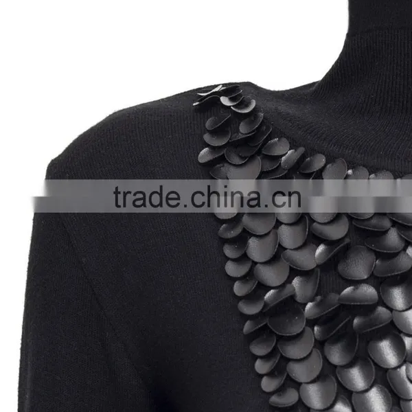 Turtle Neck Fine Knitted Leather Application Winter Blouse for Women Turkish Knitwear Manufacturer in Turkey Made in Turkey photo-2