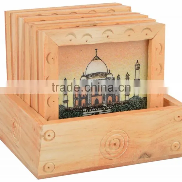 Wooden Handicraft Gem Stone Art Taj Mahal Print Tea Coaster photo-2
