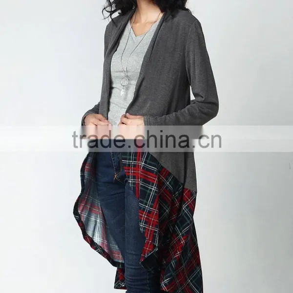 OEM Korean Style Designs Women Fashion Long Sleeve Charcoal Plaid-Hem Drape Sweater Cardigan photo-3