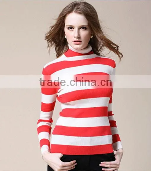 OEM Ladies Fashion Long Sleeve High Neck Stripe Knitting Woman Pullover Sweater for Winter