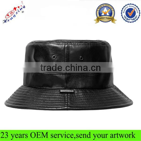 Woven Label Wholesale Cheap Custom Blank Black Leather Bucket Hat photo-4