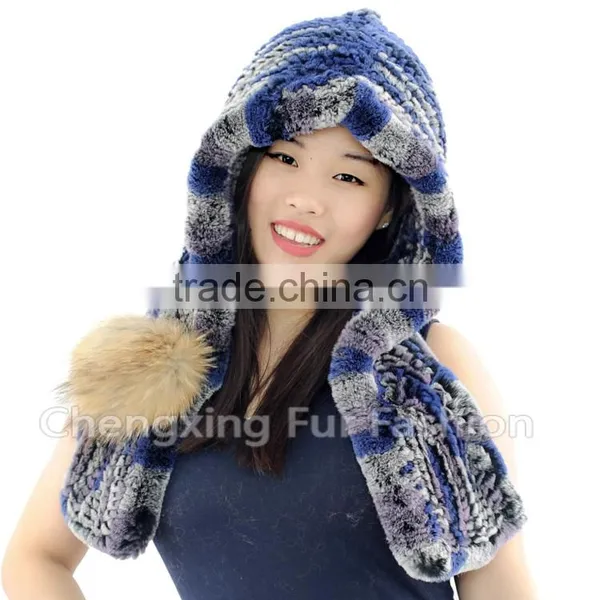 CX-C-242F Ladies Hand Knit Rex Rabbit Fur Hooded Scarf Winter Hats Women photo-6