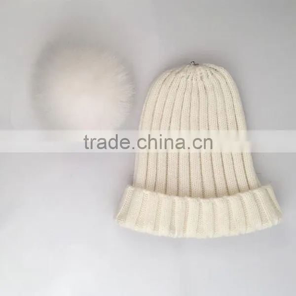 Myfur 2016 Pure White Hot Sale Winter Hat With Removable Genuine Fox Body Fur Bobble photo-3