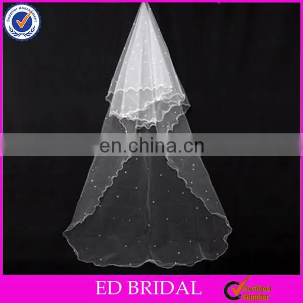 A18 Stunning Pearl Beaded 2 Layers Customized Tulle Fabric Wholesale Bridal Veil Long