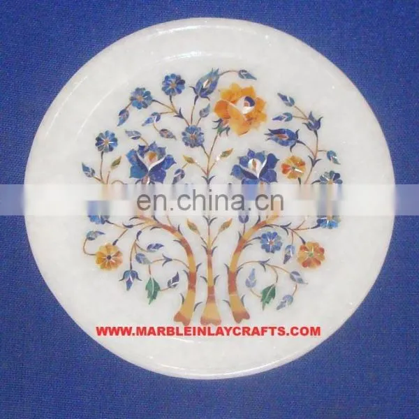 Semi Precious Gem Stone Inlaid Plate Marble Handmade