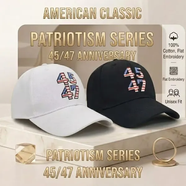 US Election Campaign Merch Flag Pattern 45 47 Embroidery White Black 6 Panel Baseball Cap