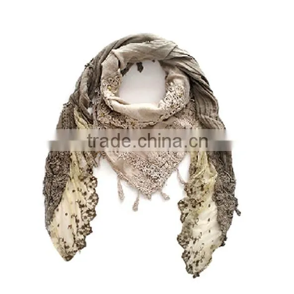 Cotton Flower Plain Triangle Scarf With Short Tassel Fringe photo-4