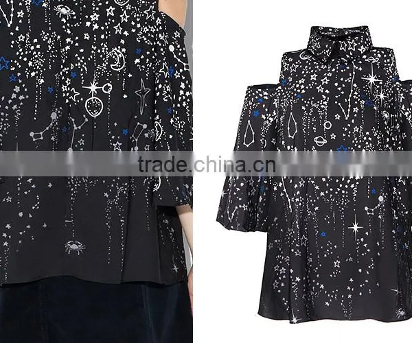 Slim V Neck Off Shoulder Sleeve Galaxy Printing Blouse photo-6
