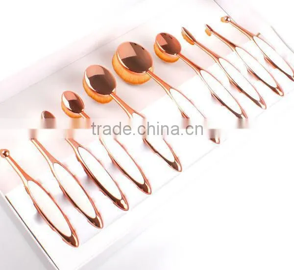 Top Quality Custom Logo Cosmetic Makeup Brushes Rose Gold and White Color 10pcs Oval Makeup Brush Set photo-2