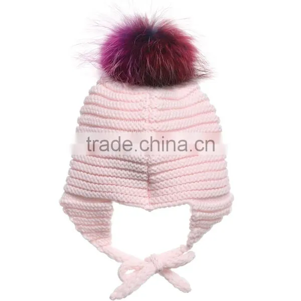 Myfur Removable Raccoon Fur Pompom Crochet Baby Hat With Earflap photo-4