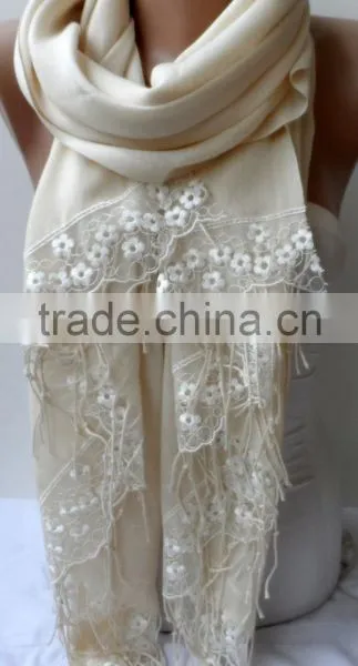 Wedding Shawl Champagne Pashmina With Cream French Lace Lightweight Summer Soft Champagne Bridesmaid Wrap Bridal Shawl Cotton Sk photo-4