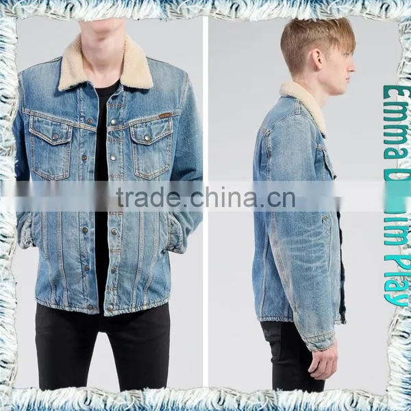 Vogue Style Mens Turn-down Collar Slim Fit Design Fleece Lined Denim Jacket photo-3
