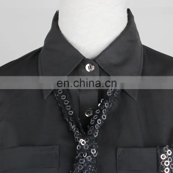 Spread Collar Fashion Style Women Long Shirts With Sequins Tie Non Iron photo-3
