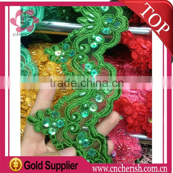 2016 High Quality Green Color Sew on Flower Chemical Lace for Sarees Borders
