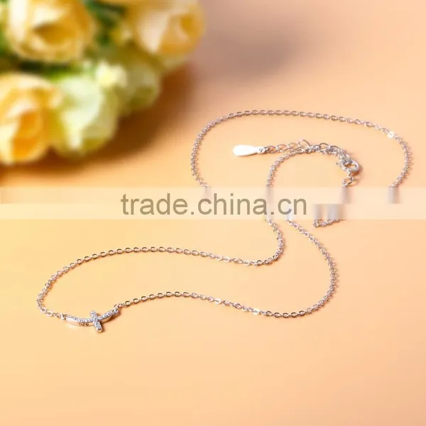 925 Sterling Silver Full CZ Sideways Curved Cross Charm Necklace photo-5