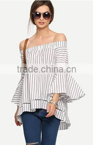 Women's Off The Shoulder Bell Sleeve Striped Blouse photo-2