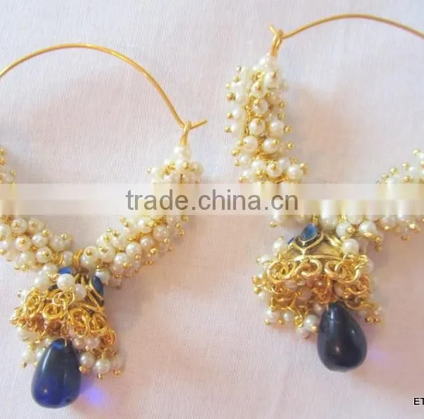Pearl Hoop Bollywood Gold Tone Dangler Jhumka EARRINGS photo-3