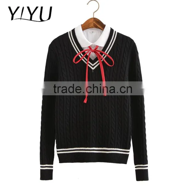 OEM Service Women White Stripes V-neck School Uniform Cable Knit Sweater