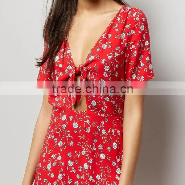 RED Self Bow V-neck Women Printed Short Sleeve Dress photo-6