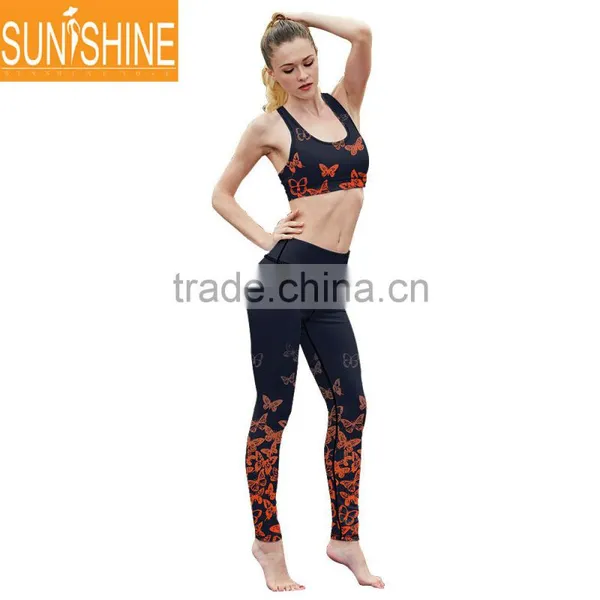 2017 Fashion Design Sportswear Black With Red Butterfly Printing Yoga Clothes For Women photo-3