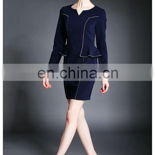 Ladies High Quality Navy Dress Above Knee, Peplum Waist Dress for Fall photo-3