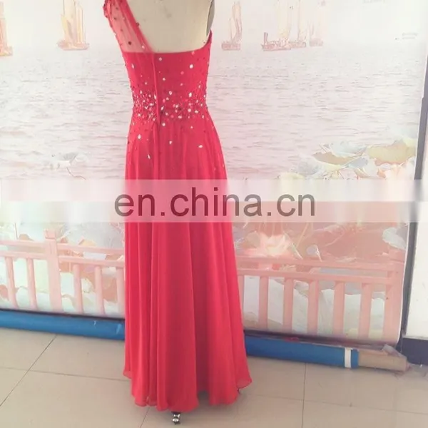 2014 New Arrival Fashion One-Shoulder Chiffon Beads Sparkle Red Long Evening Dresses photo-2