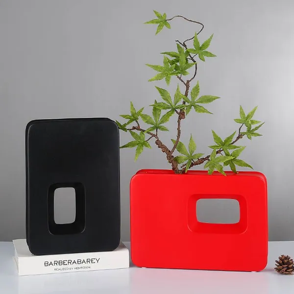 Rectangle Nordic Style Art Large Red White Black Geometric Ceramic Vase, Living Room Decoation photo-5