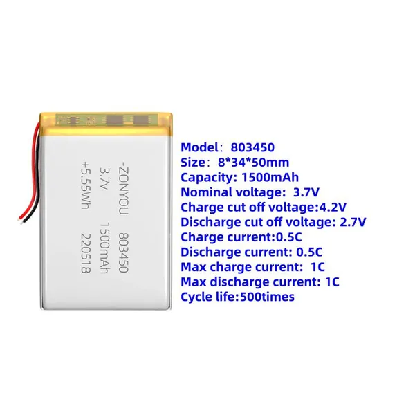 803450 Ultra Slim Pouch Cells 1500mAh Li-Polymer Batteries 3.7V With 500 Cycles Life Span for Adult Products photo-3