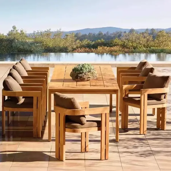 Solid Teak Wood Outdoor Dining Set, Weatherproof Patio Table & Armchair Set With Cushions for Villa Poolside & Garden