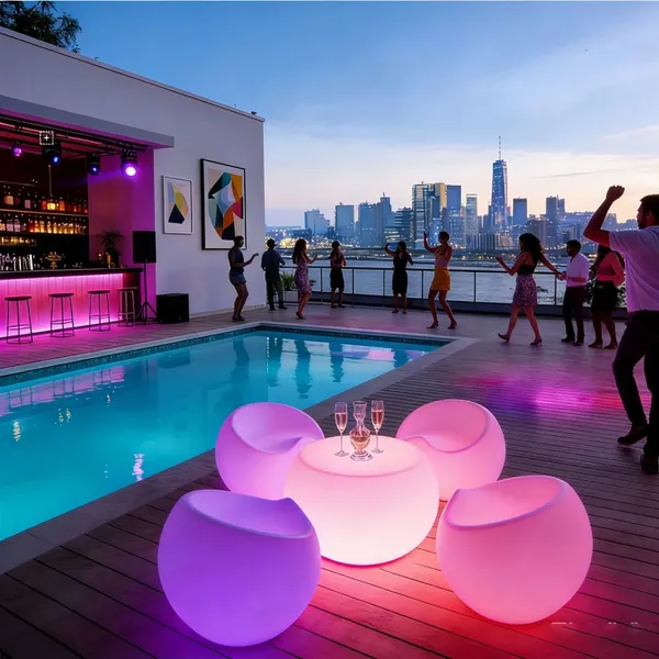 Rental Set Modern Plastic Bar Furniture Chairs Tables Restaurant/Living Room Light Disco Nightclub Outdoor Dining Includes LED photo-5