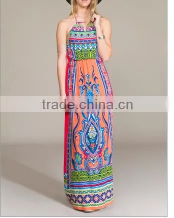 Halter Neck Long Dress Latest Printed Bellyband Open Back Women Boho Clothing photo-4