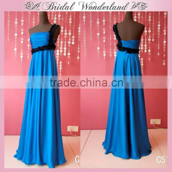 Ruffled Lace Polyester Satin Blue Prom Dress