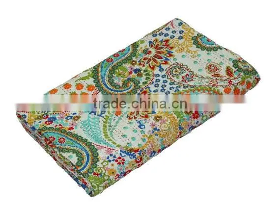 Paisley Kantha Quilt King Size Indian Kantha Bed Cover Handmade Kantha Blanket photo-2