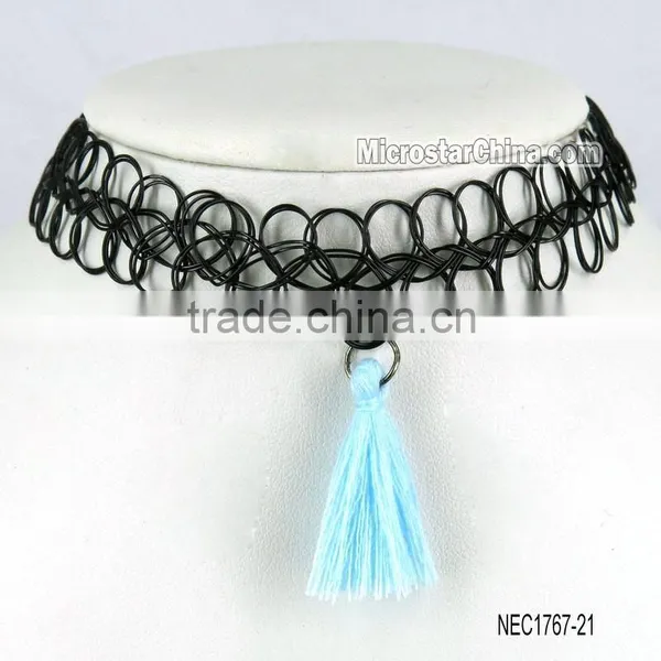 Vintage Black Handmade Tattoo Choker Collar Necklace With Red Tassel photo-4
