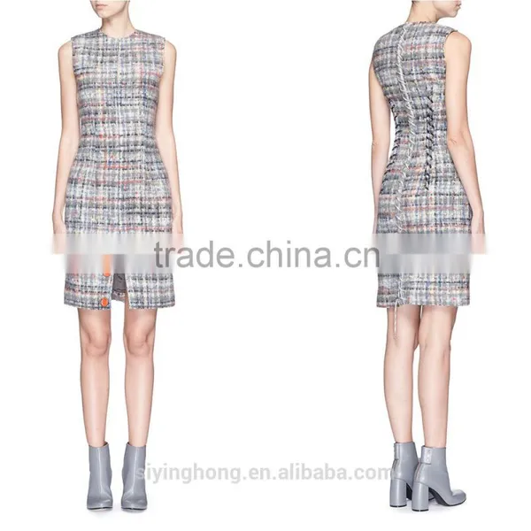 2015 Winter Women Fashion Wool Blend Tweed Checked Dress
