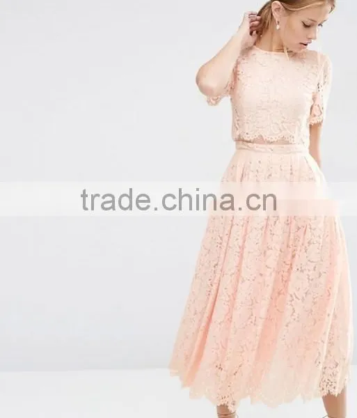 Pink Lace Crop Top and Puff Skirt Wedding Dress Girl's Short Sleeve Prom Two Piece Set photo-2