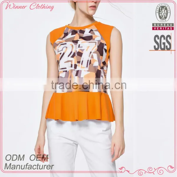 Promotional Top Quality Knitted Wear Popular Printed Ruffle Hem Model Women's Simple Blouse With Sleevless