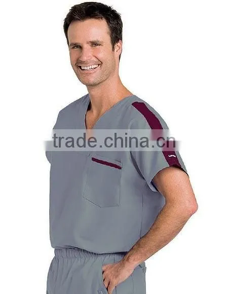 Men's V-Neck Medical Scrub Top With Contrast Stripe on Shoulder and Pocket photo-5